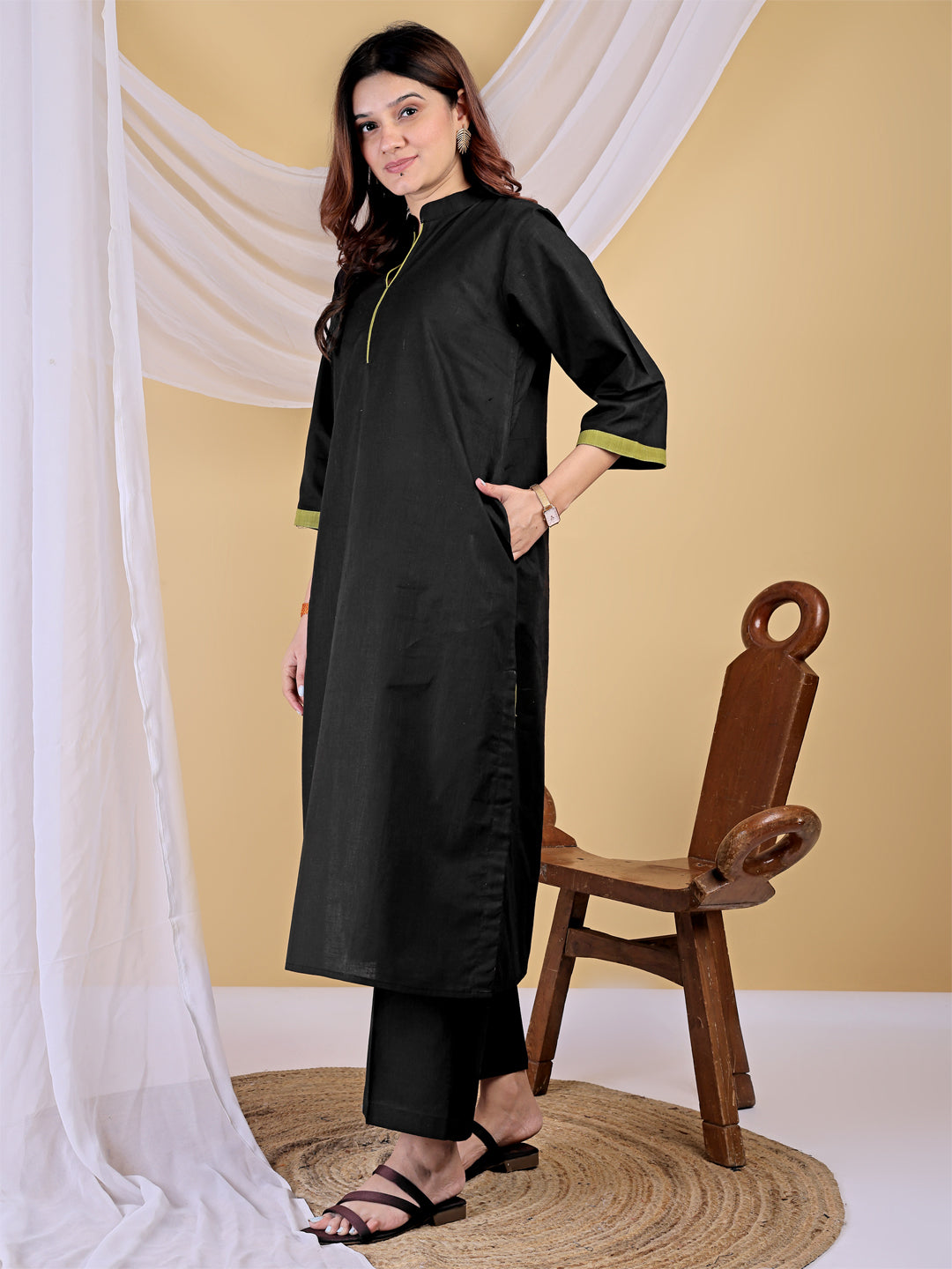 Black Mandarin Collar Cotton Kurta Set