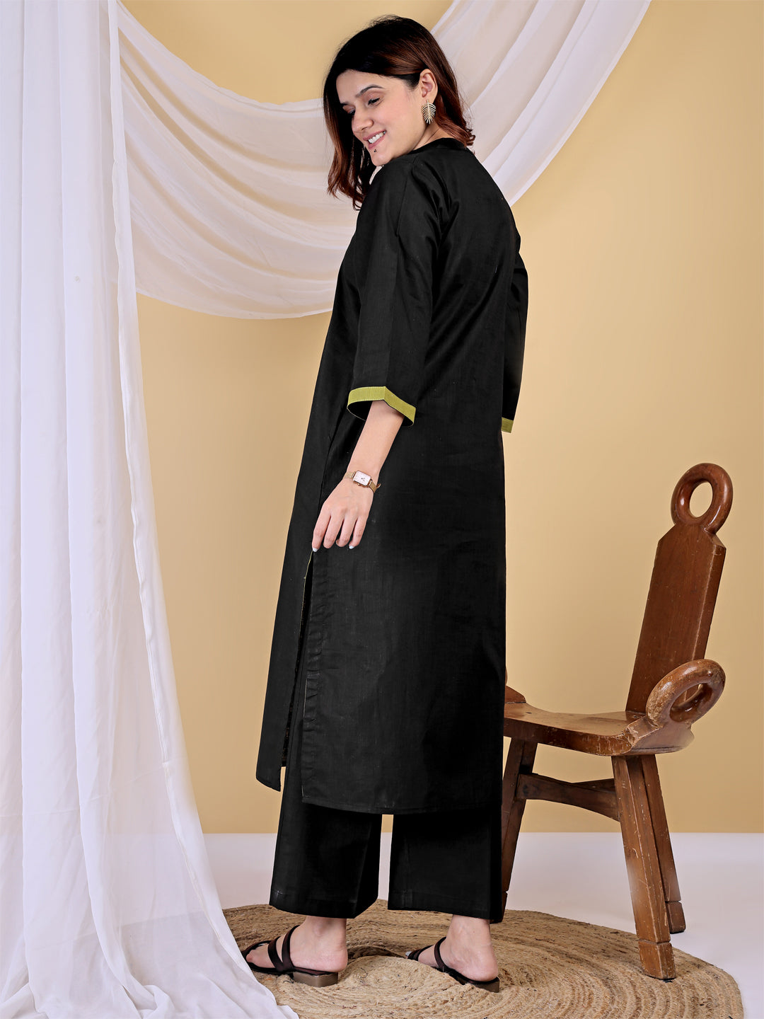 Black Mandarin Collar Cotton Kurta Set