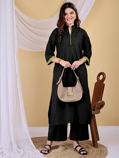 Black Mandarin Collar Cotton Kurta Set