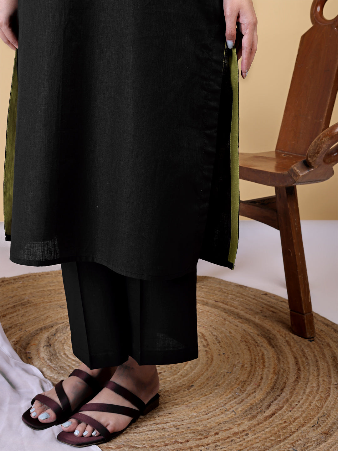 Black Mandarin Collar Cotton Kurta Set