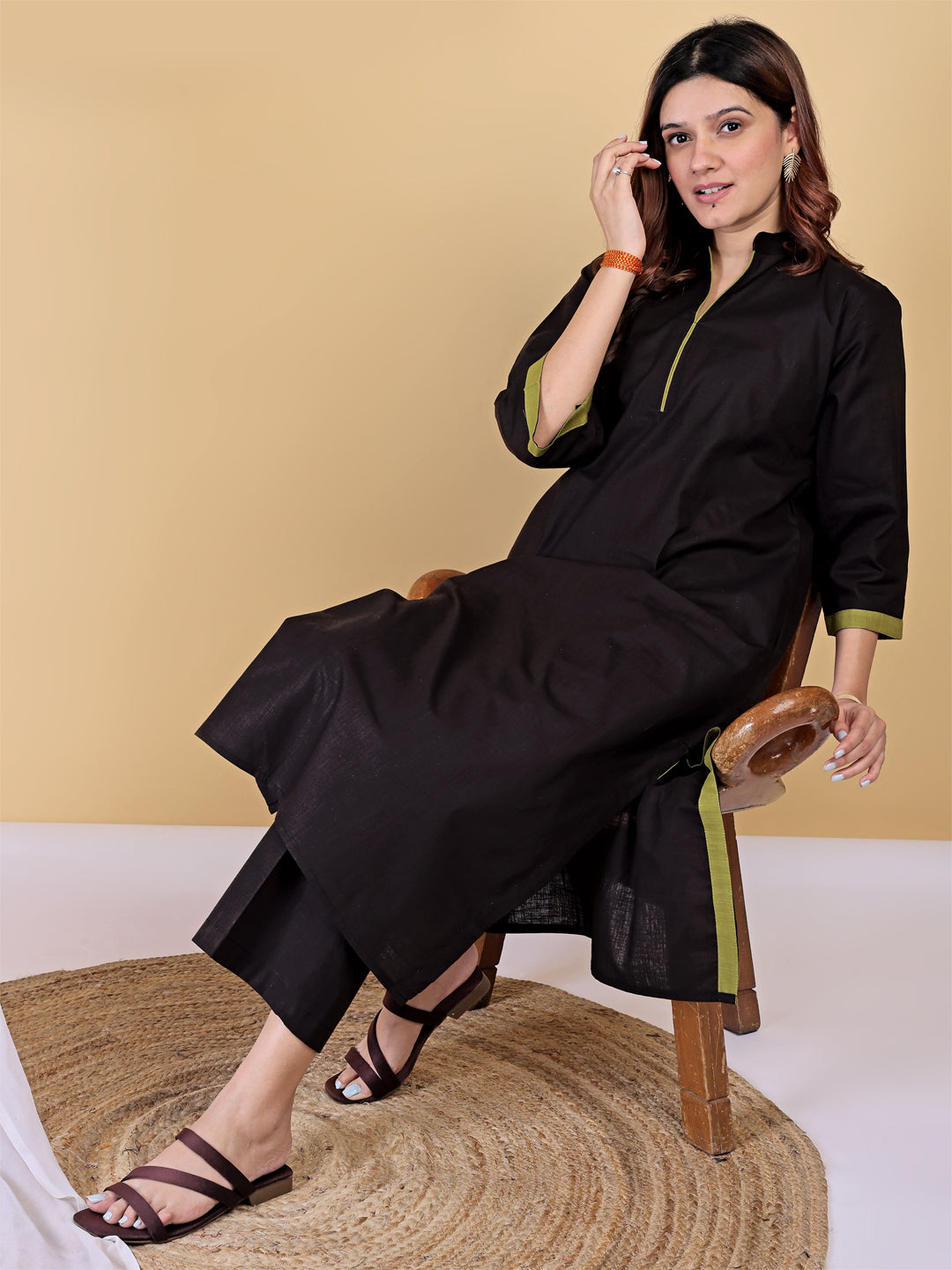 Black Mandarin Collar Cotton Kurta Set