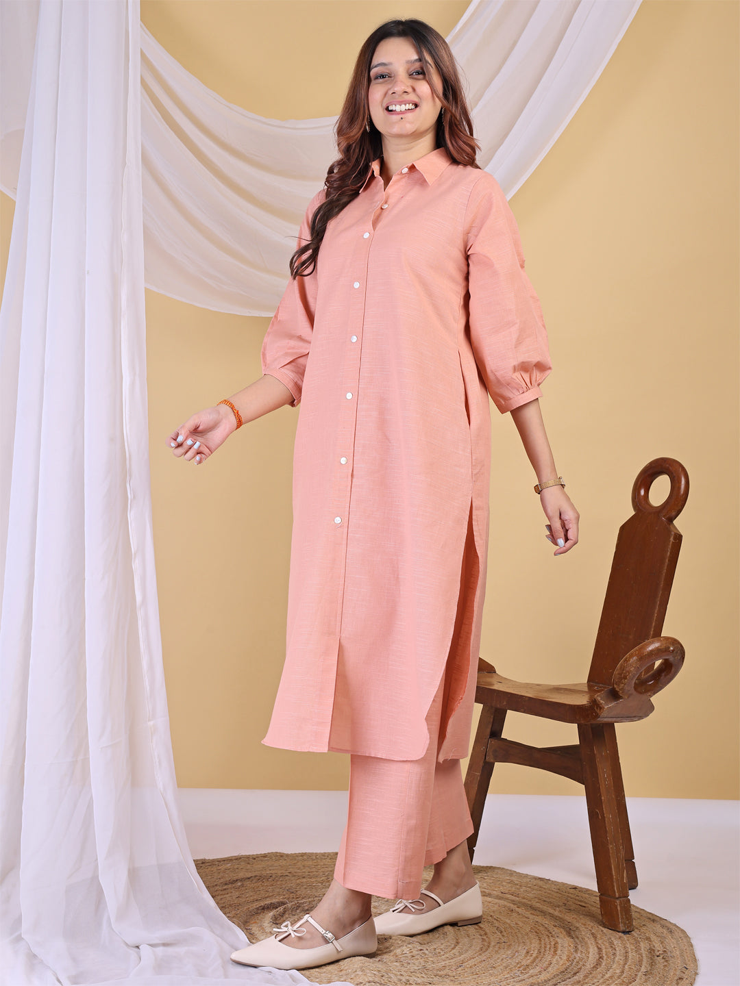 Pink Linen A Line Collared Kurta Set