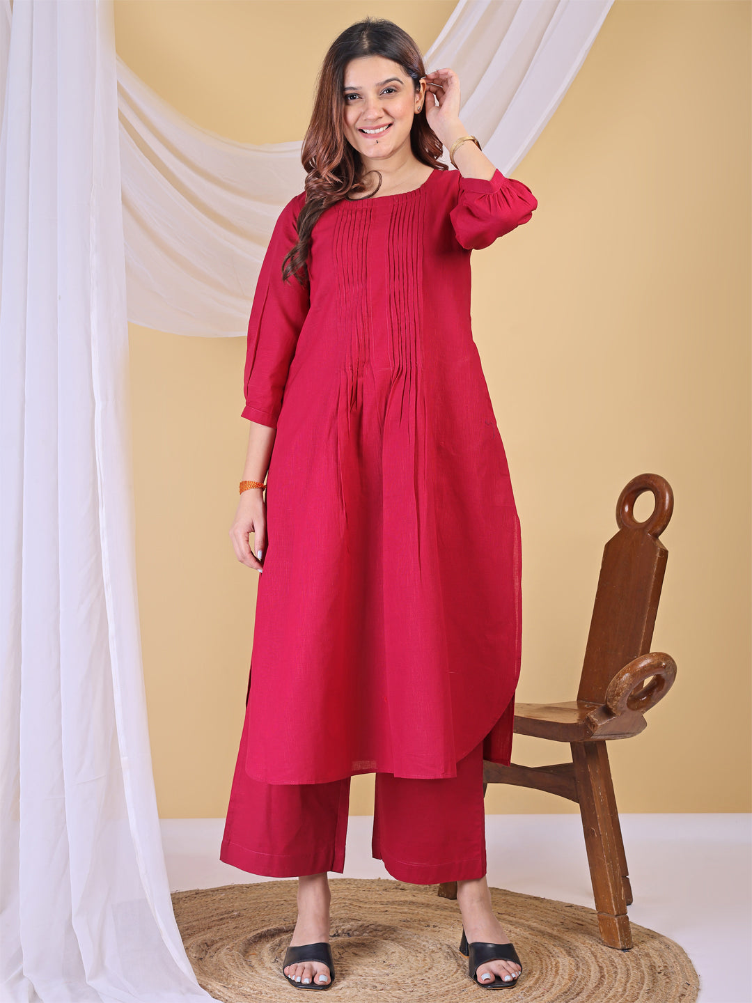 Deep Pink Linen Pleated A-Line Kurta Set