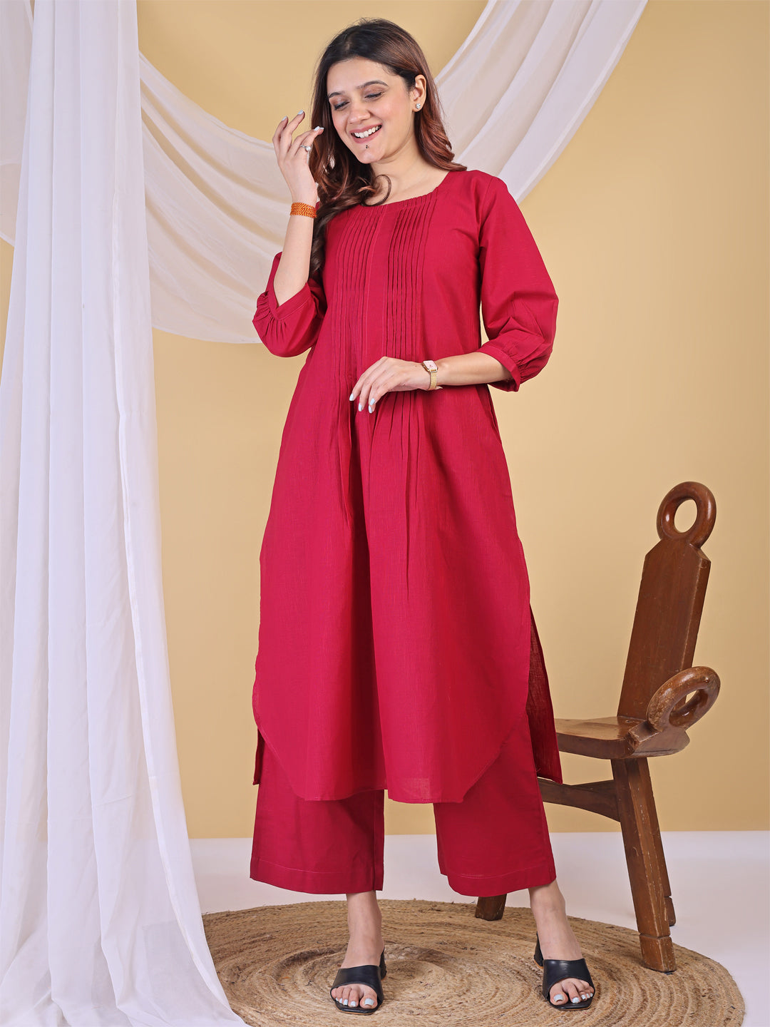 Deep Pink Linen Pleated A-Line Kurta Set