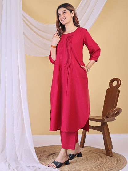Deep Pink Linen Pleated A-Line Kurta Set