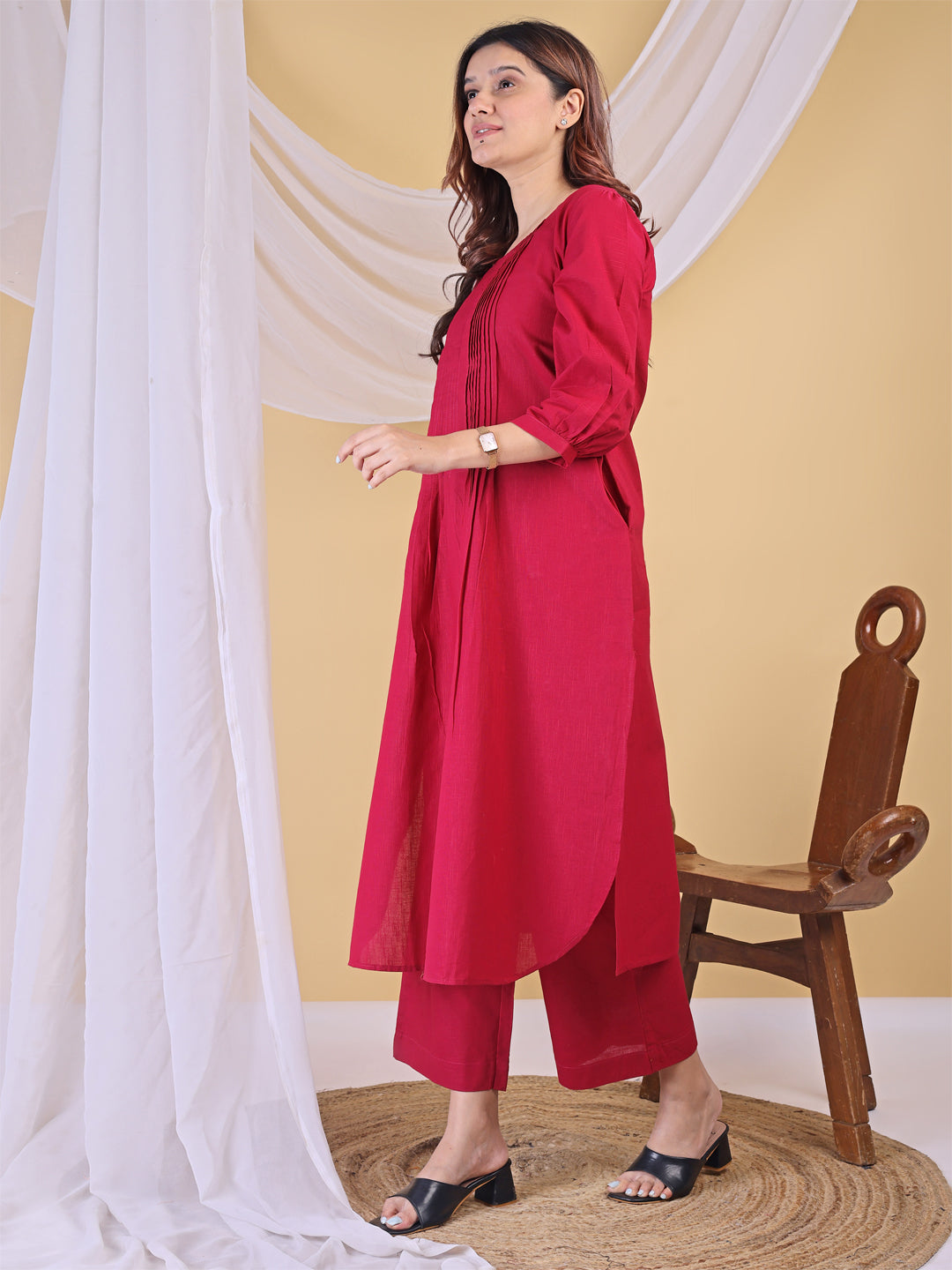 Deep Pink Linen Pleated A-Line Kurta Set