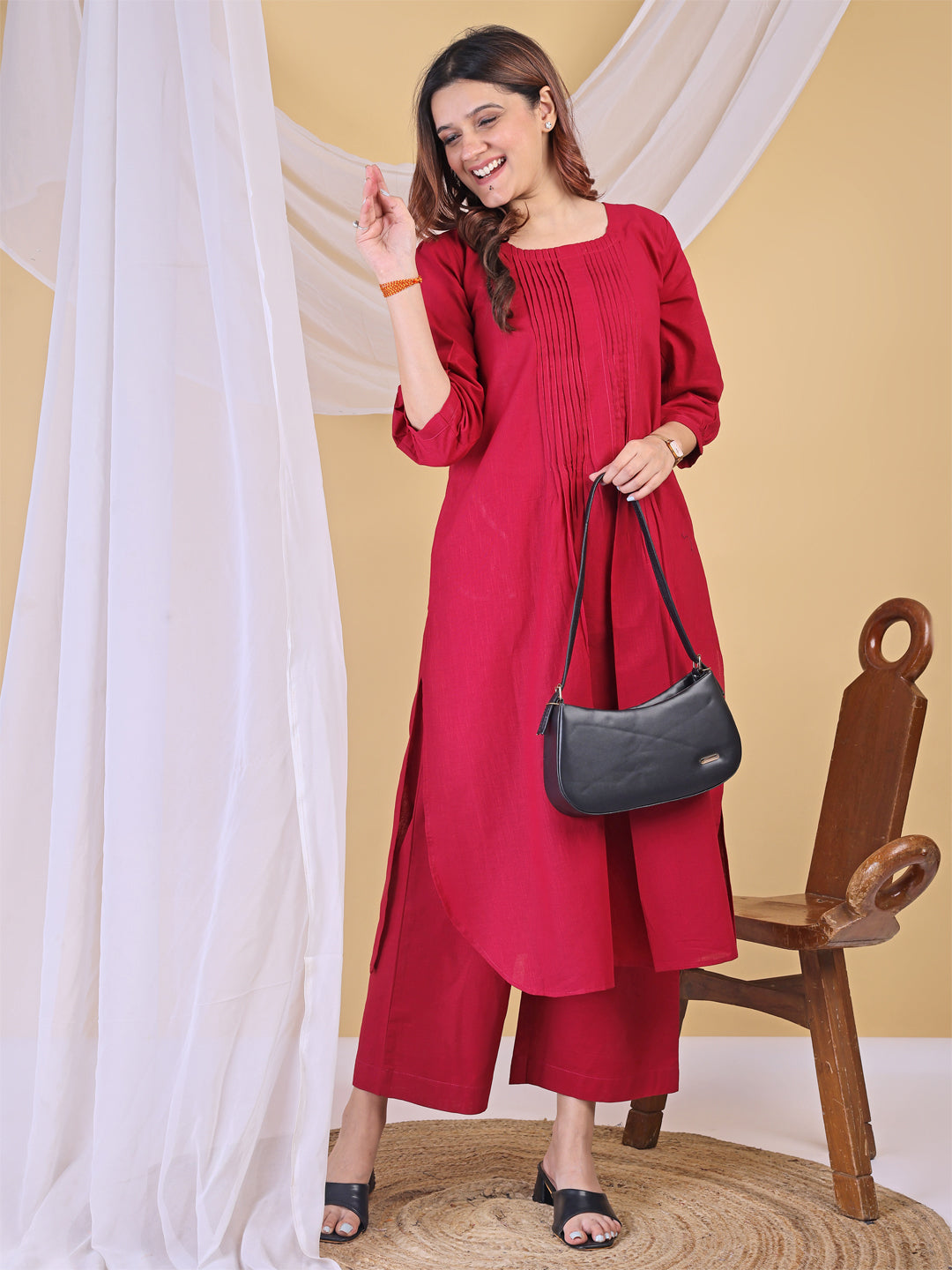 Deep Pink Linen Pleated A-Line Kurta Set