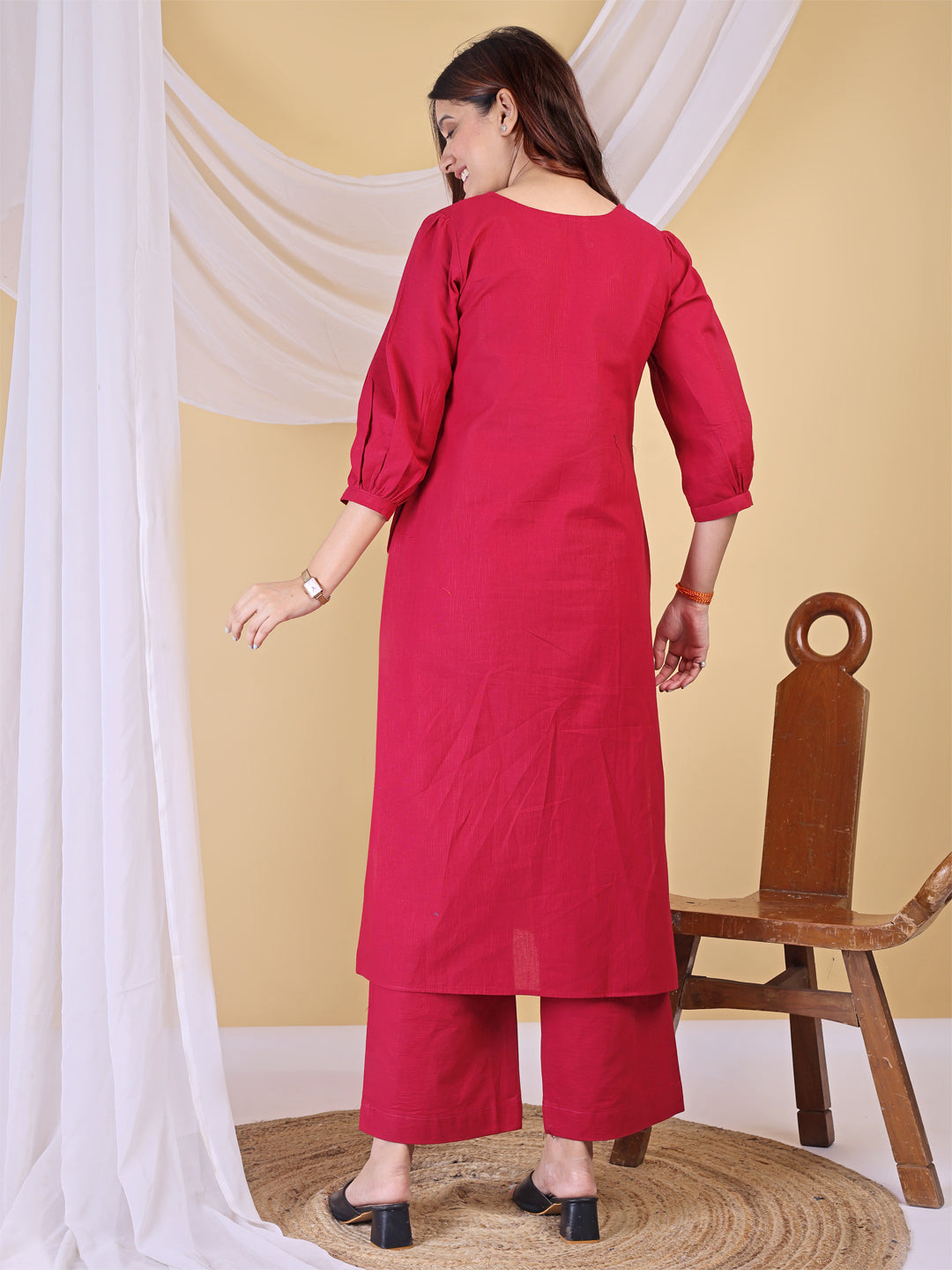 Deep Pink Linen Pleated A-Line Kurta Set