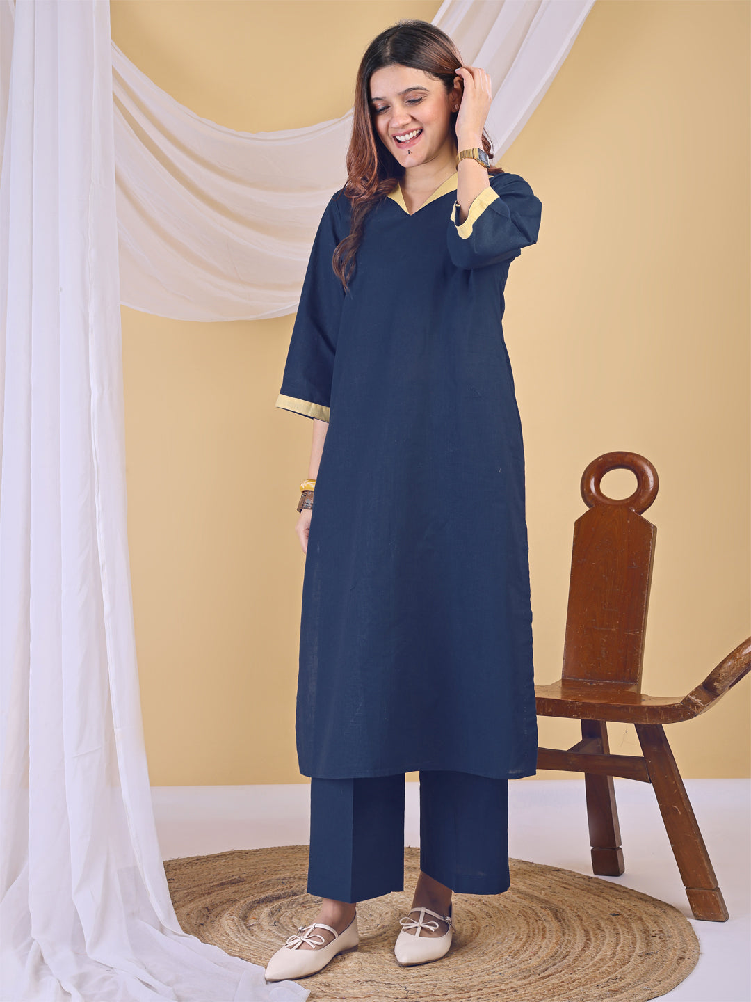 Blue Linen V-Neck Butter Yellow Collared Kurta Set