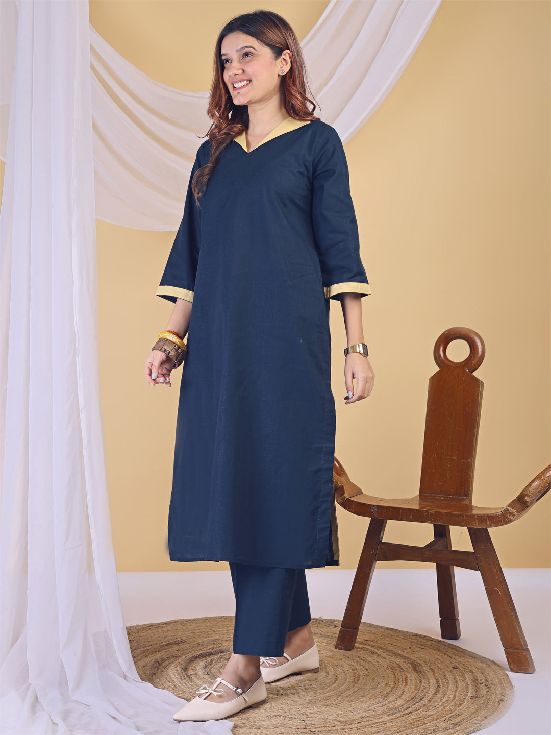Blue Linen V-Neck Butter Yellow Collared Kurta Set