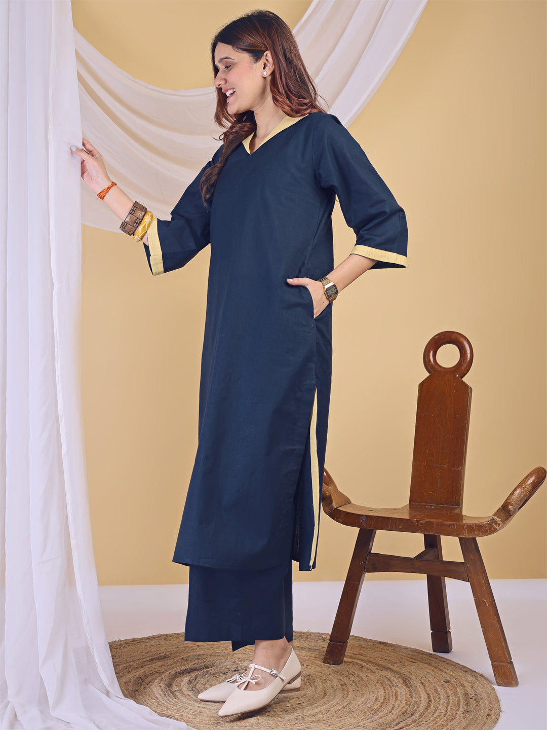 Blue Linen V-Neck Butter Yellow Collared Kurta Set