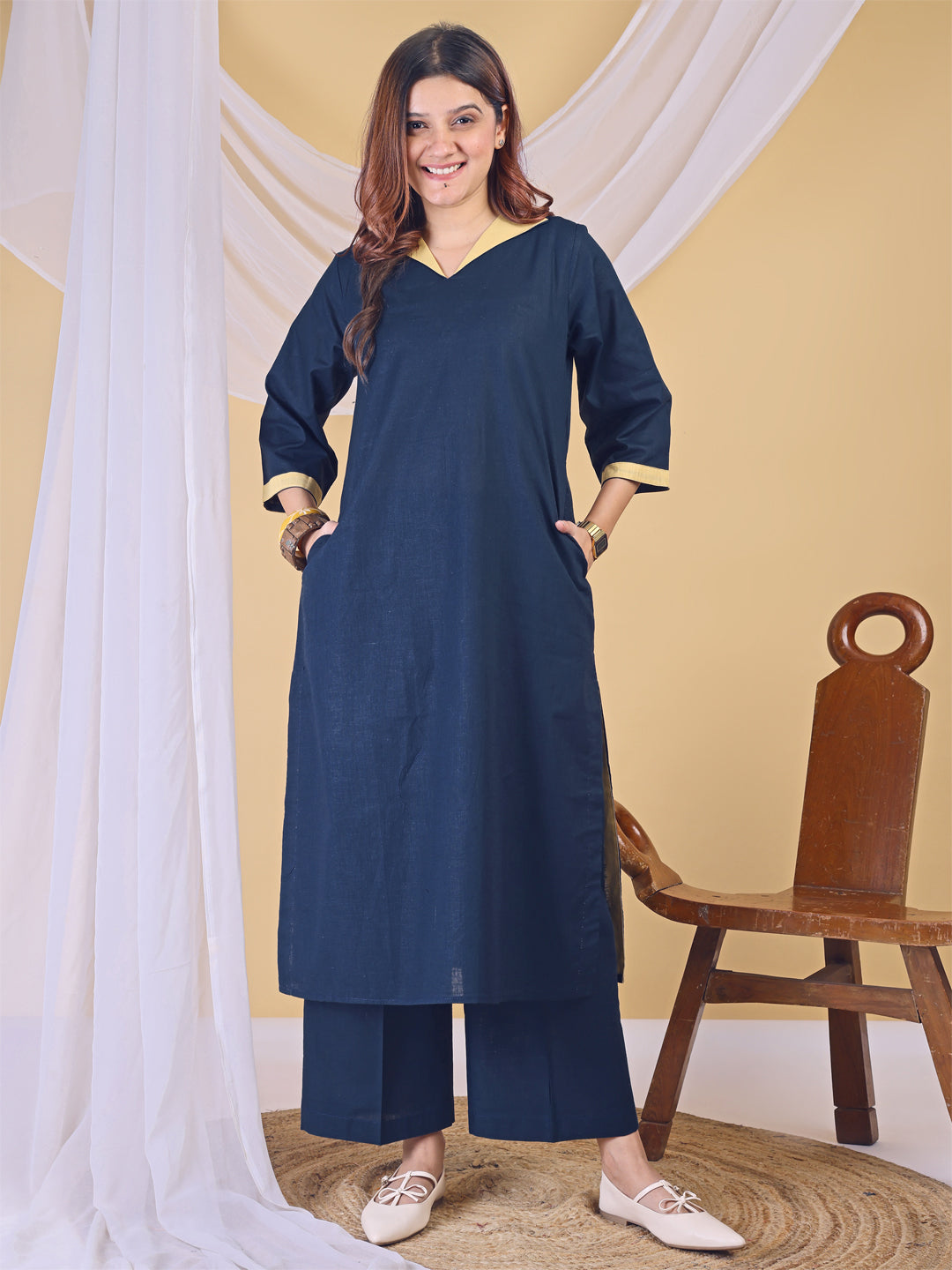 Blue Linen V-Neck Butter Yellow Collared Kurta Set