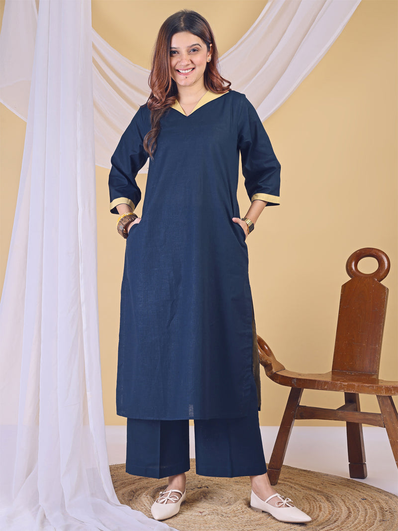 Blue Linen V-Neck Butter Yellow Collared Kurta Set