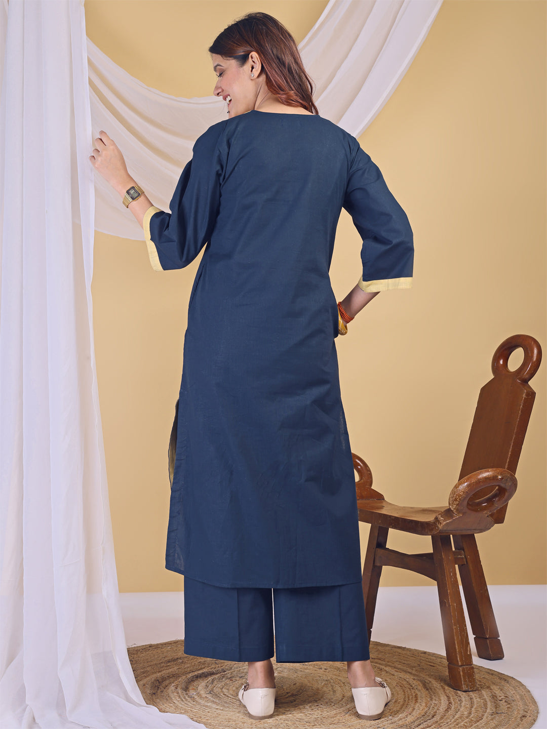 Blue Linen V-Neck Butter Yellow Collared Kurta Set