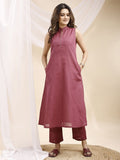 Mauve A Line Sleeveless Embroidered Linen Kurta Set