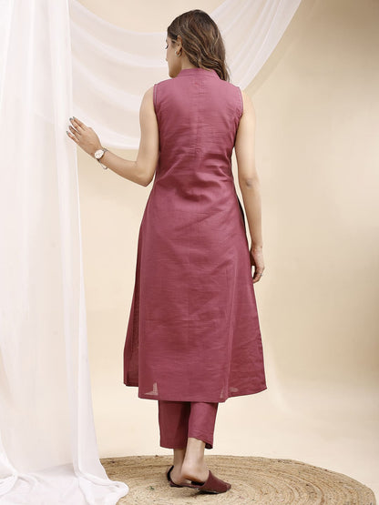 Mauve A Line Sleeveless Embroidered Linen Kurta Set