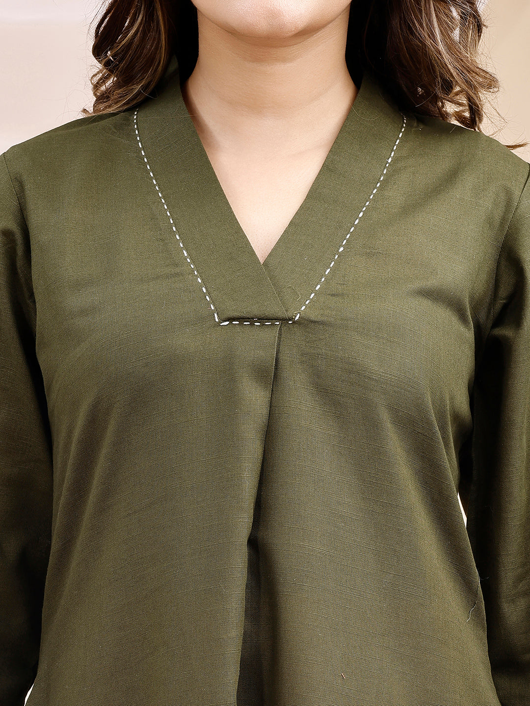 Olive A Line Collar Threadwork Linen Kurta with Palazzo