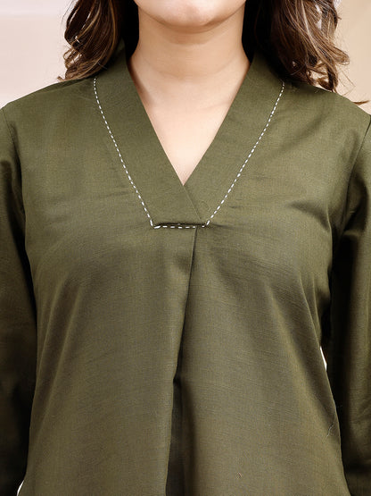 Olive A Line Collar Threadwork Linen Kurta with Palazzo