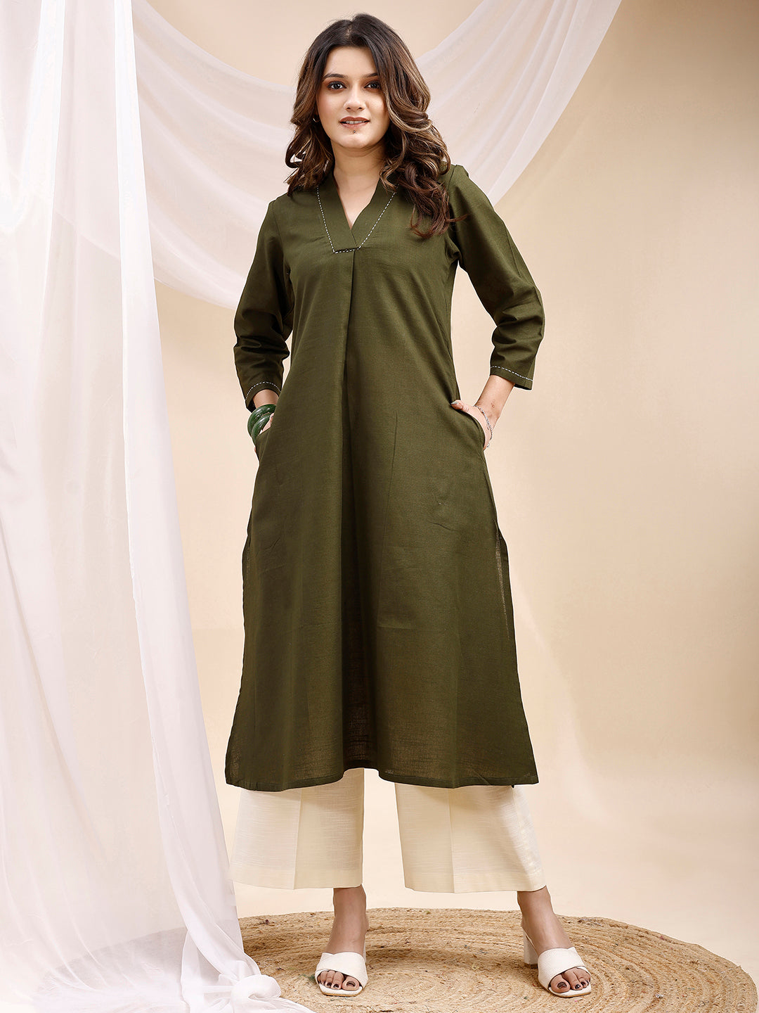 Olive A Line Collar Threadwork Linen Kurta with Palazzo