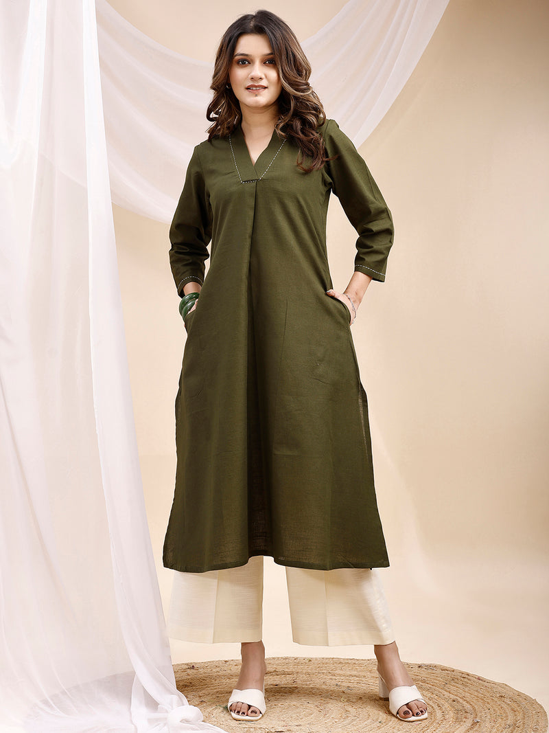 Olive A Line Collar Threadwork Linen Kurta with Palazzo