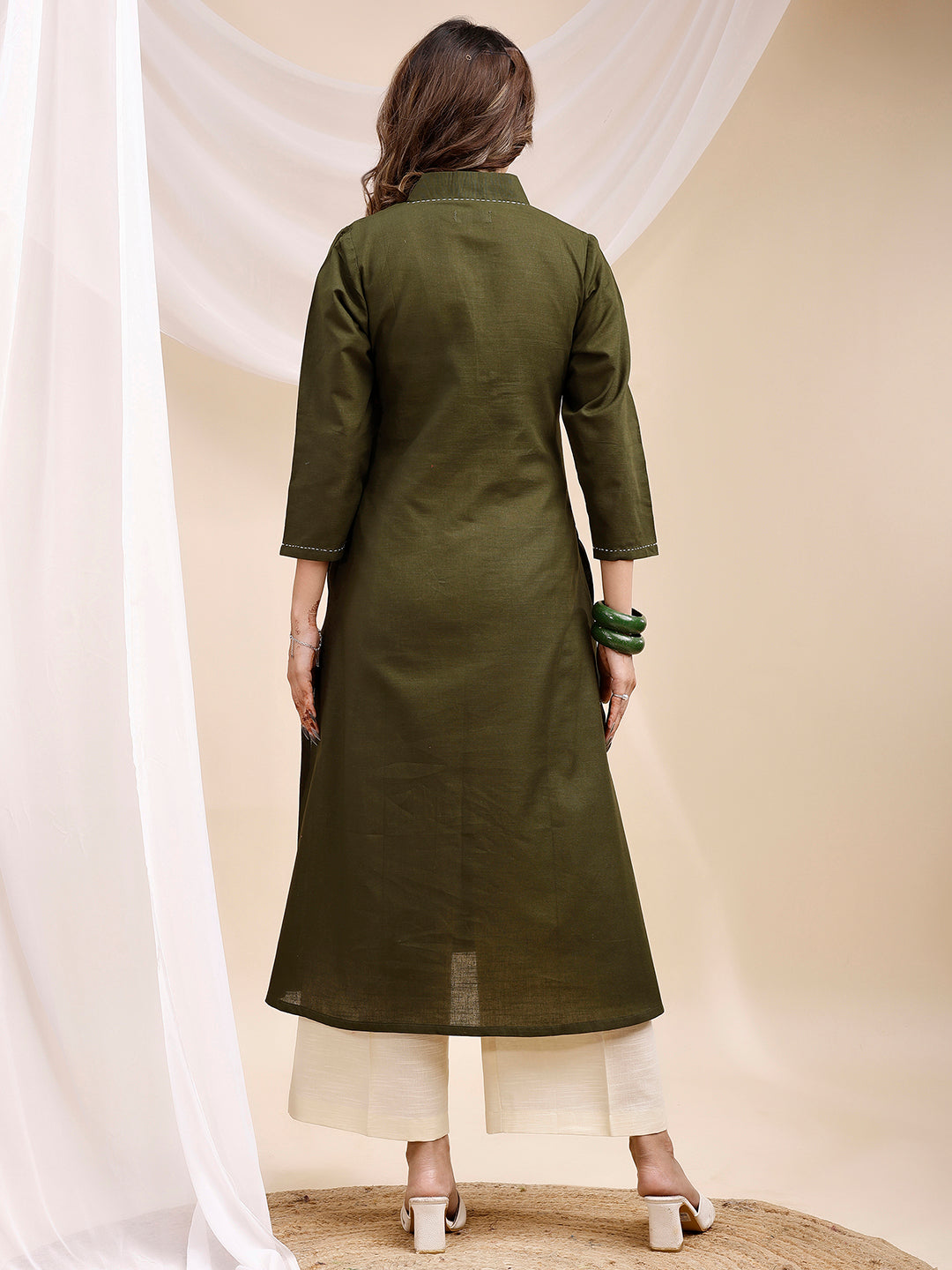 Olive A Line Collar Threadwork Linen Kurta with Palazzo