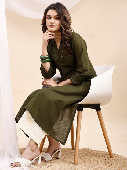 Olive A Line Collar Threadwork Linen Kurta with Palazzo