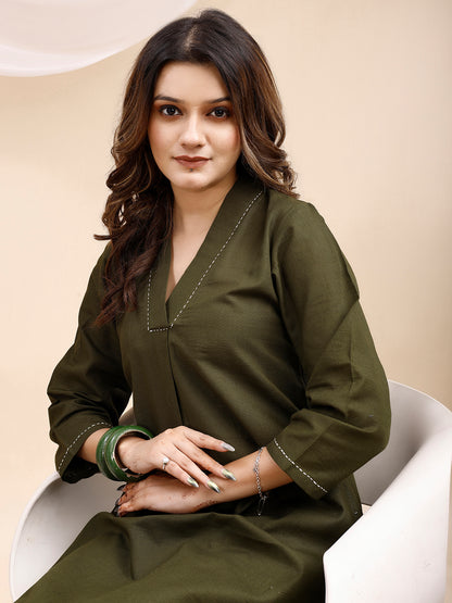 Olive A Line Collar Threadwork Linen Kurta with Palazzo