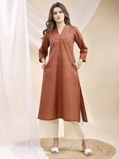 Brown A Line Collar Threadwork Linen Kurta with Palazzo