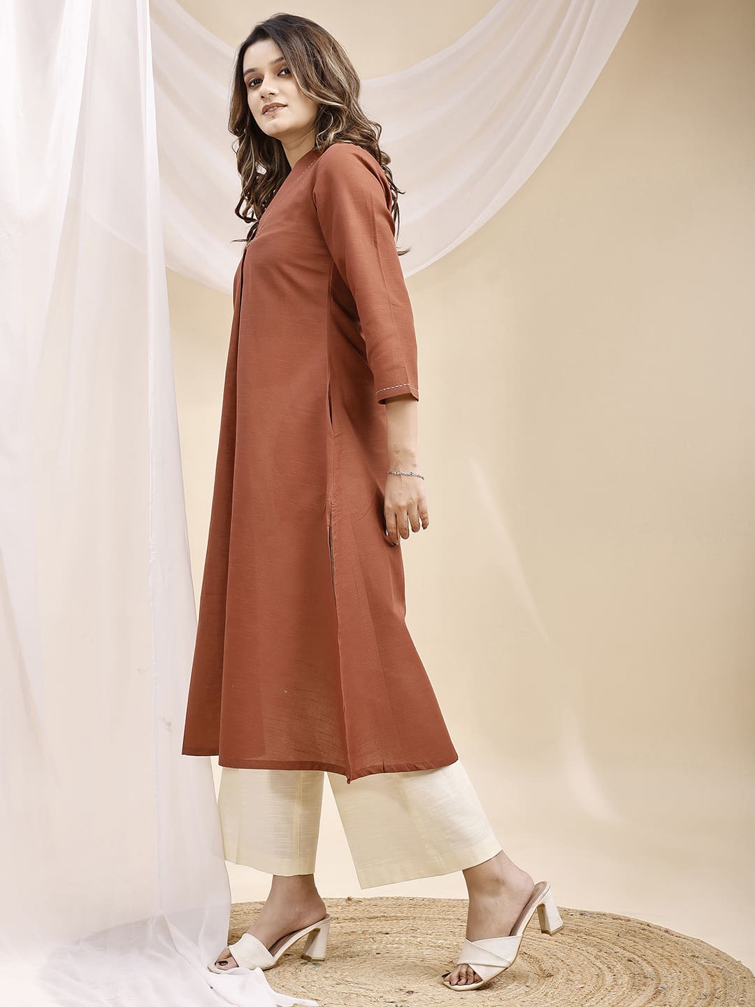 Brown A Line Collar Threadwork Linen Kurta with Palazzo
