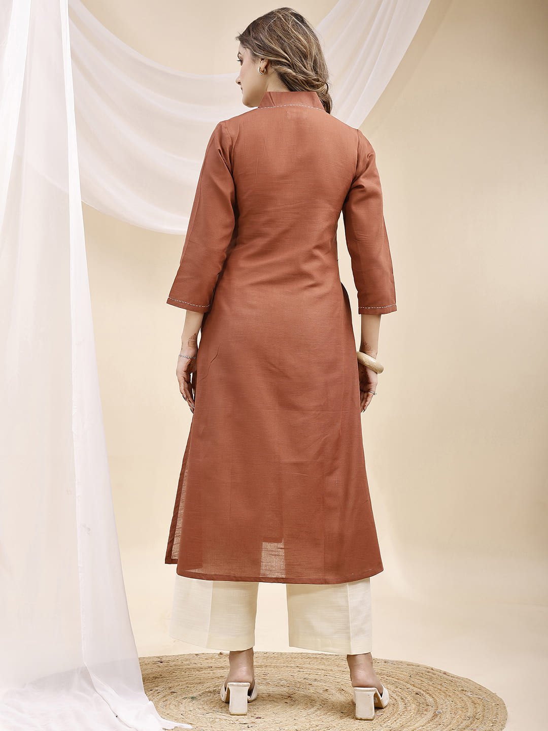 Brown A Line Collar Threadwork Linen Kurta with Palazzo