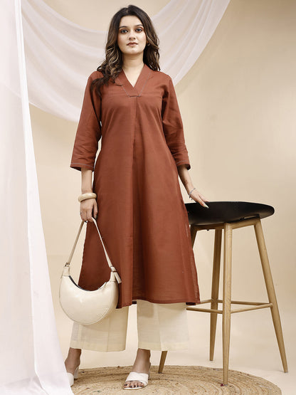 Brown A Line Collar Threadwork Linen Kurta with Palazzo