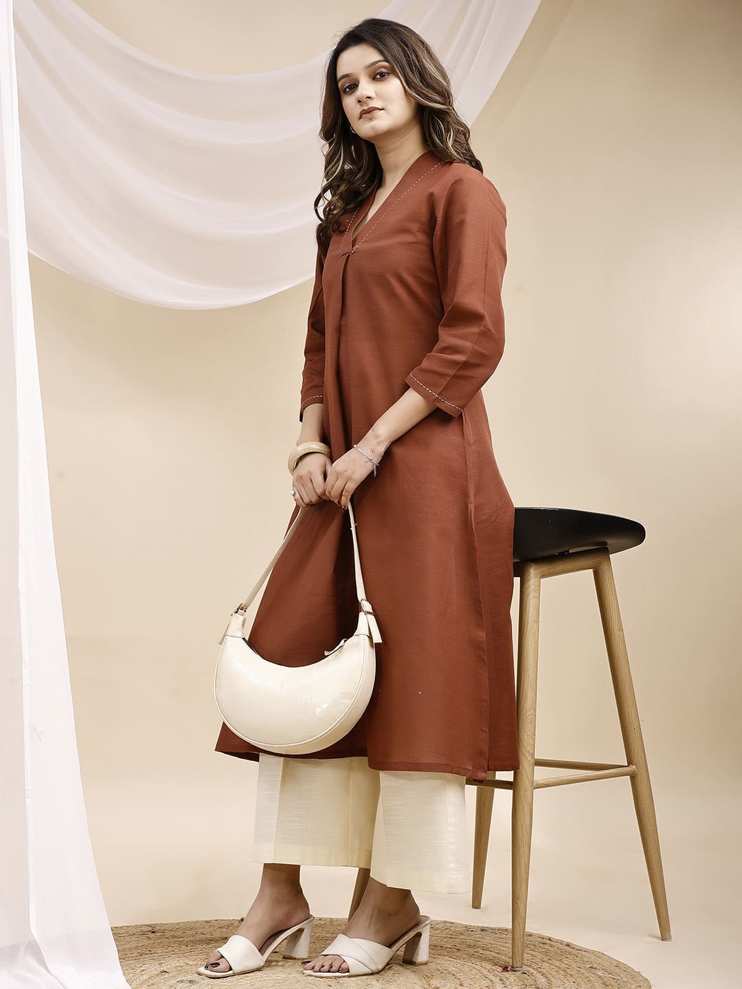 Brown A Line Collar Threadwork Linen Kurta with Palazzo