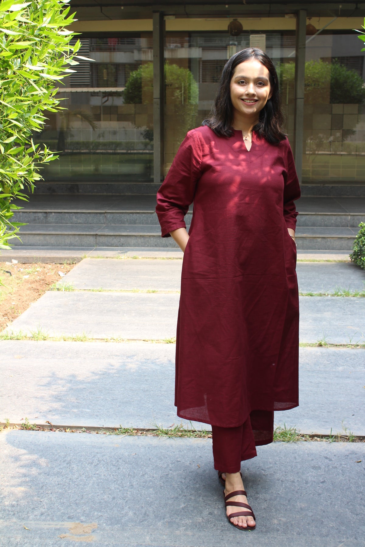 Maroon V Neck Linen Kurta Set
