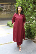Maroon V Neck Linen Kurta Set