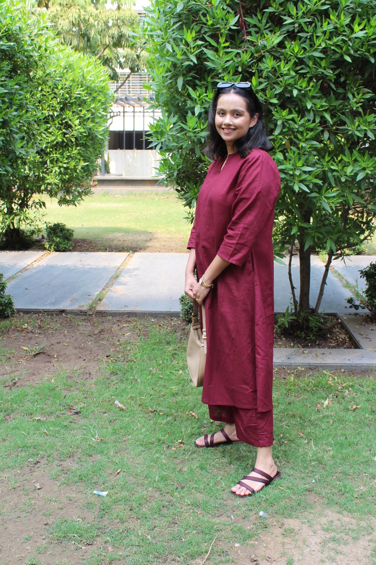 Maroon V Neck Linen Kurta Set
