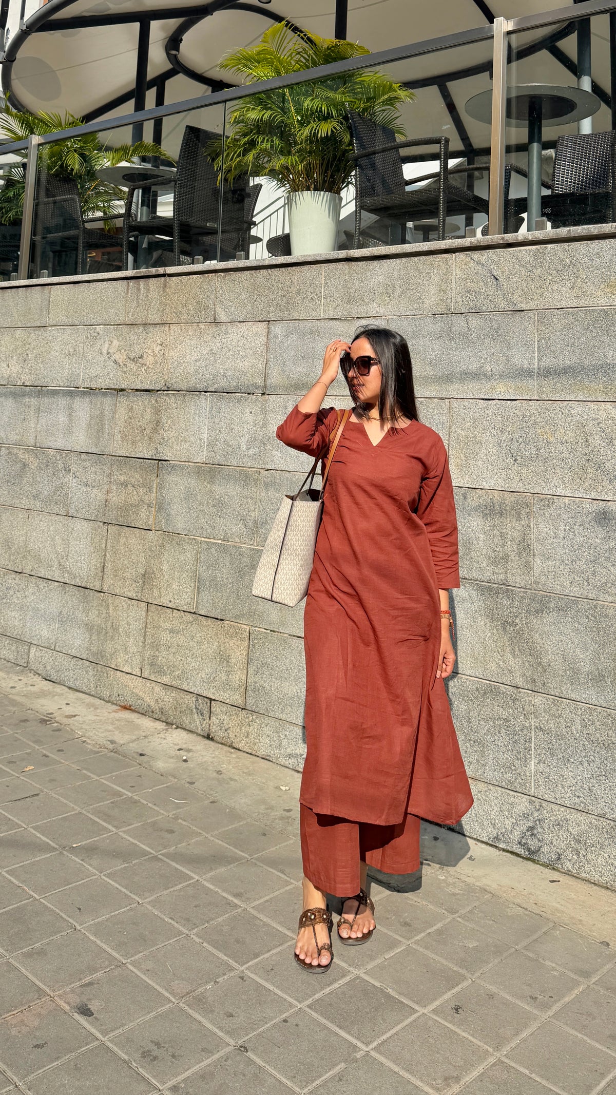 Brown V Neck Linen Kurta Set