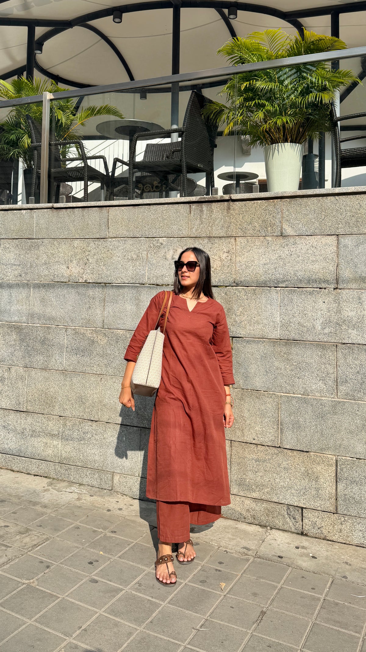 Brown V Neck Linen Kurta Set