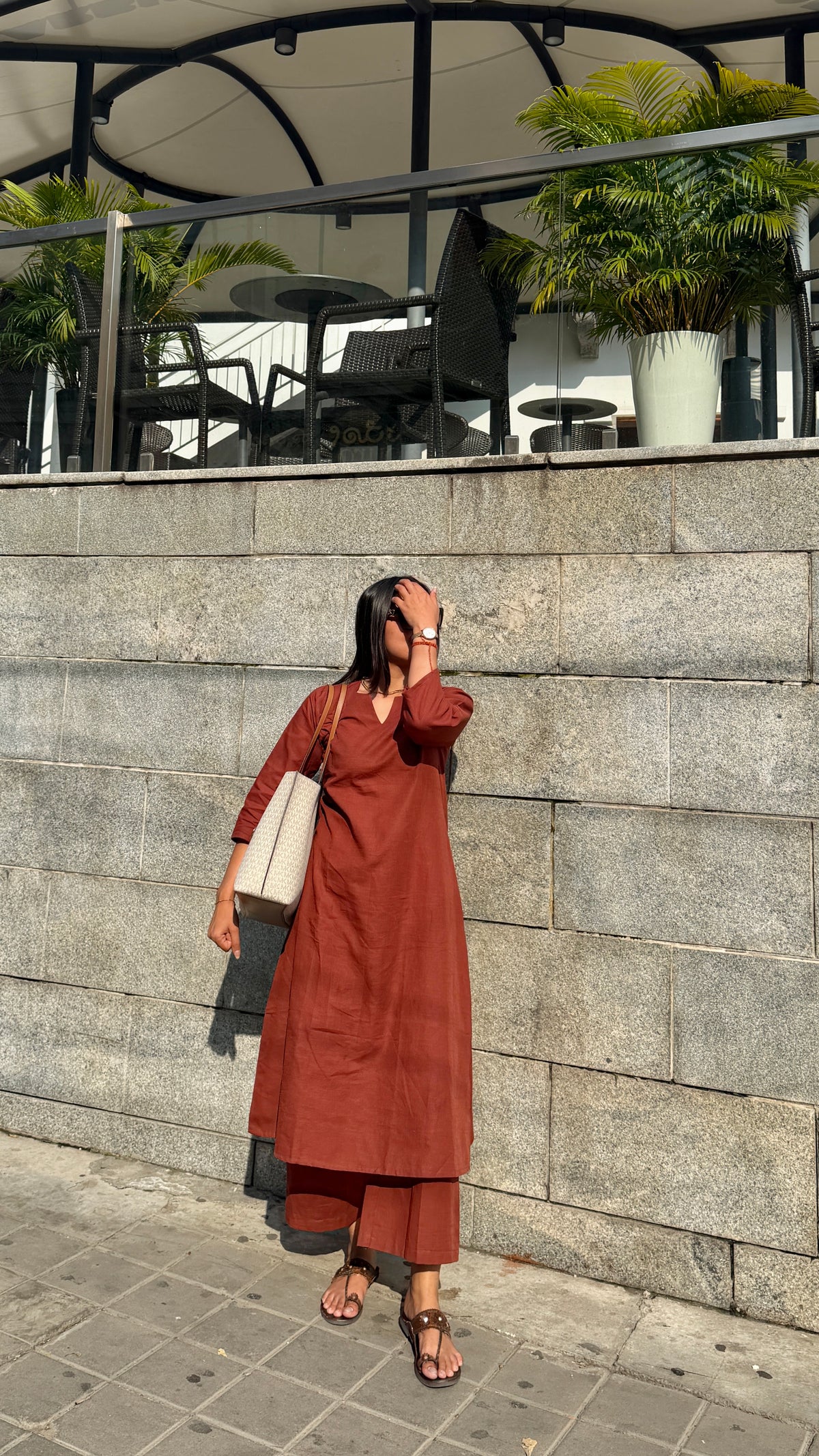 Brown V Neck Linen Kurta Set