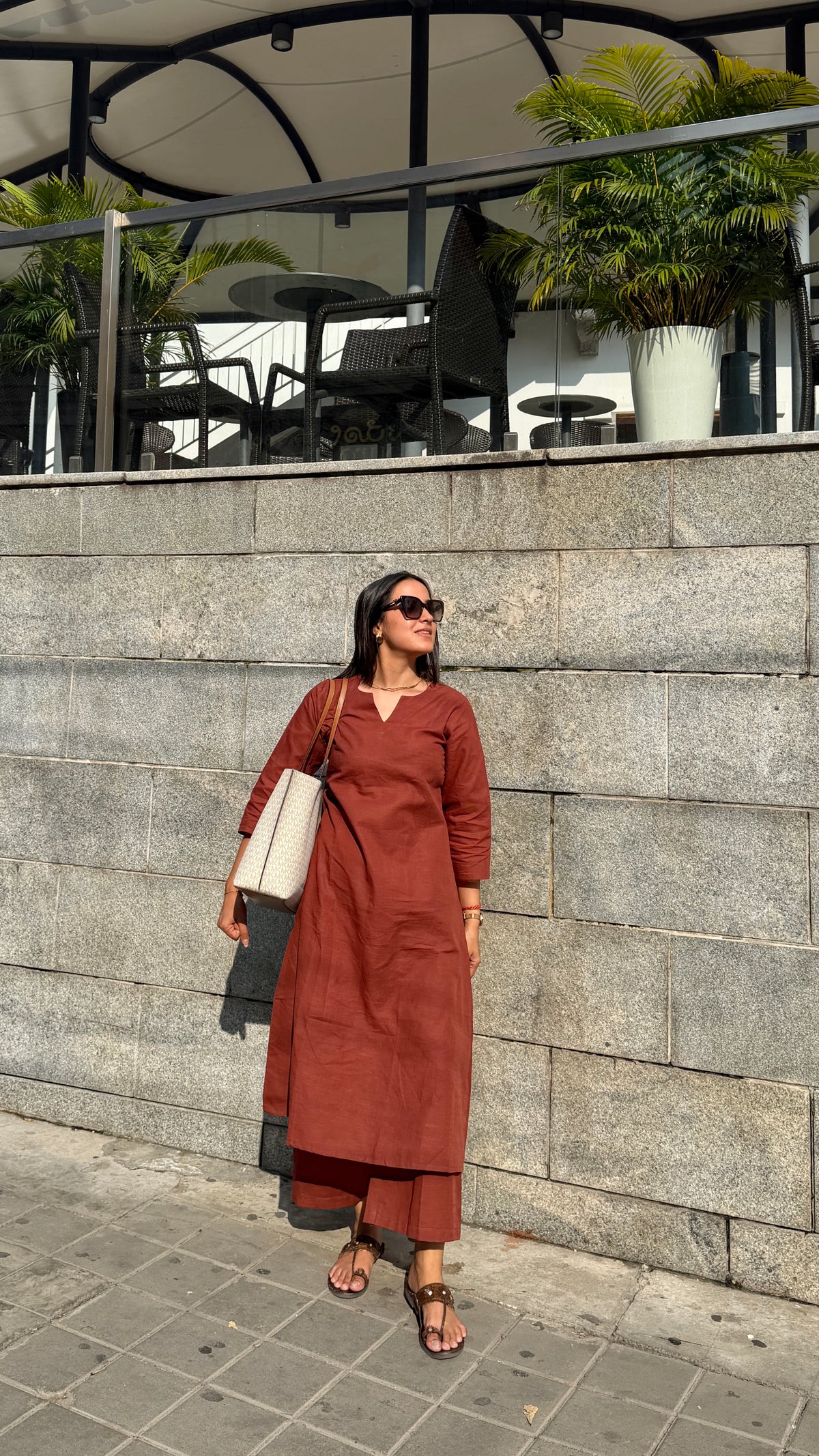 Brown V Neck Linen Kurta Set