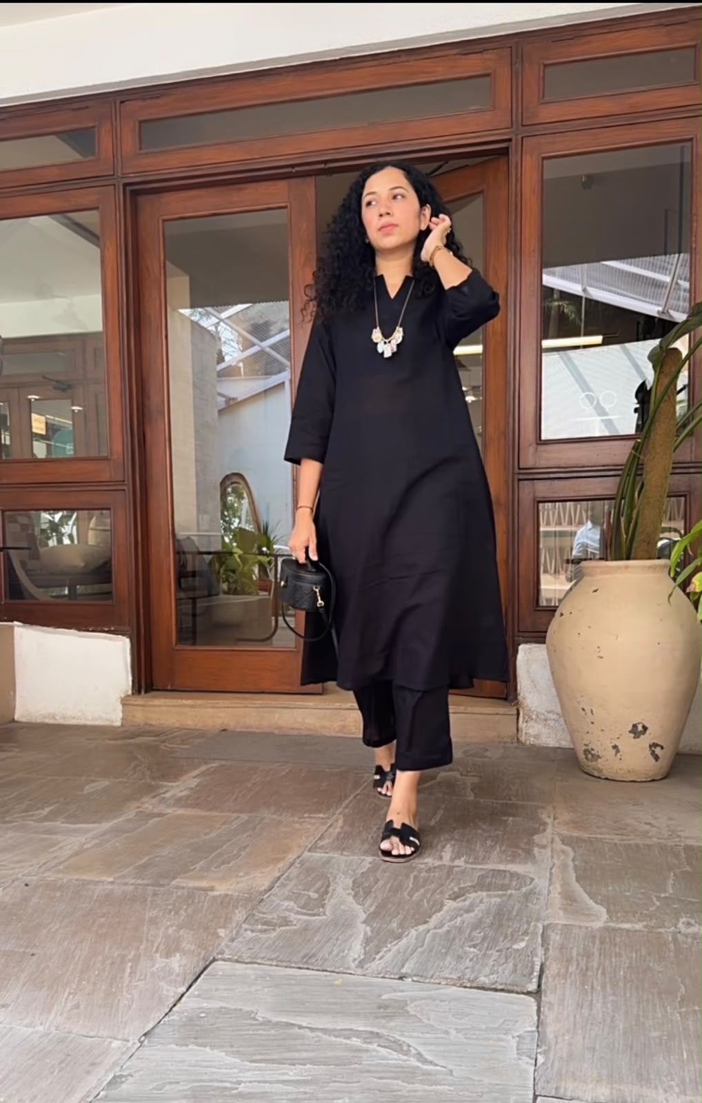 Black V Neck Cotton Kurta Set