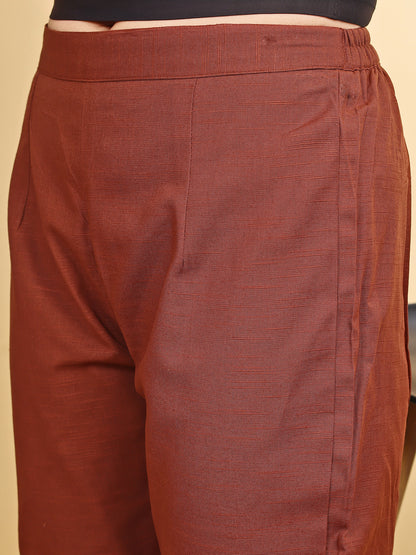 Brown Collared A line Linen Kurta Set