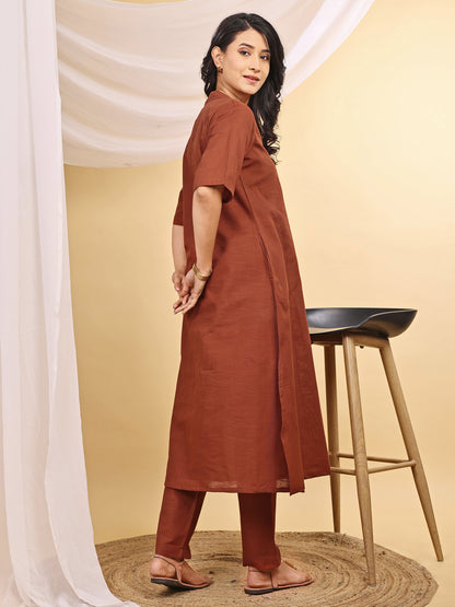Brown Collared A line Linen Kurta Set