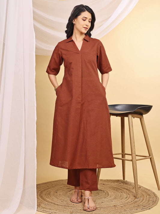 Brown Collared A line Linen Kurta Set