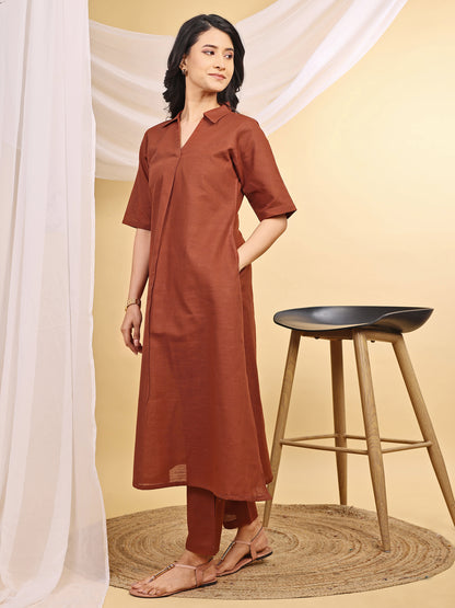 Brown Collared A line Linen Kurta Set
