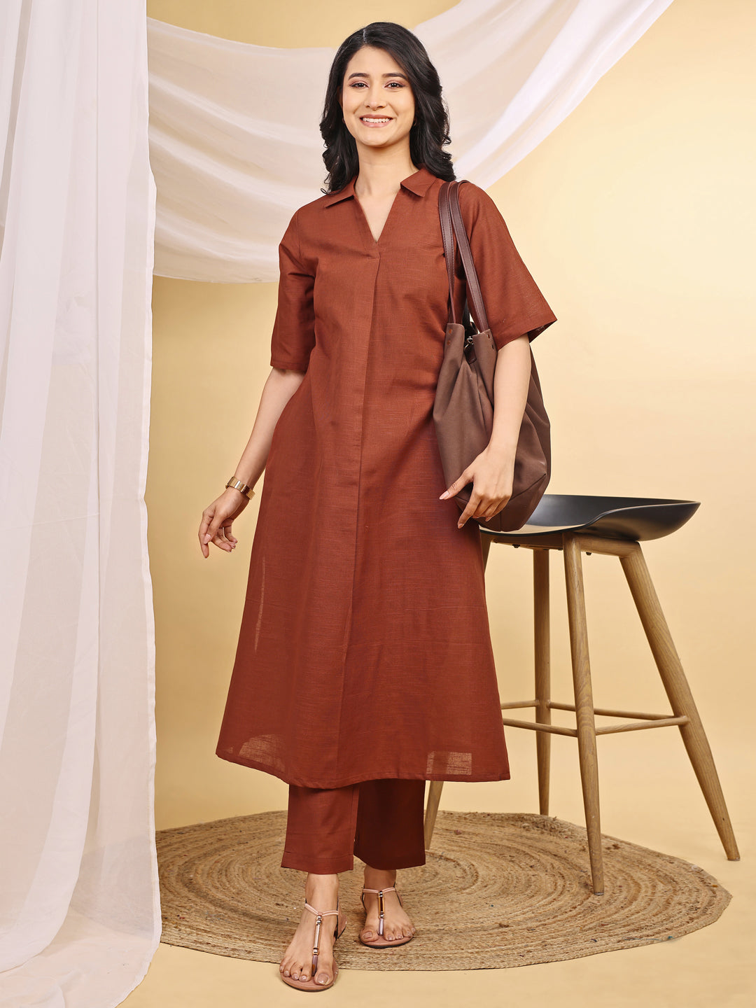 Brown Collared A line Linen Kurta Set
