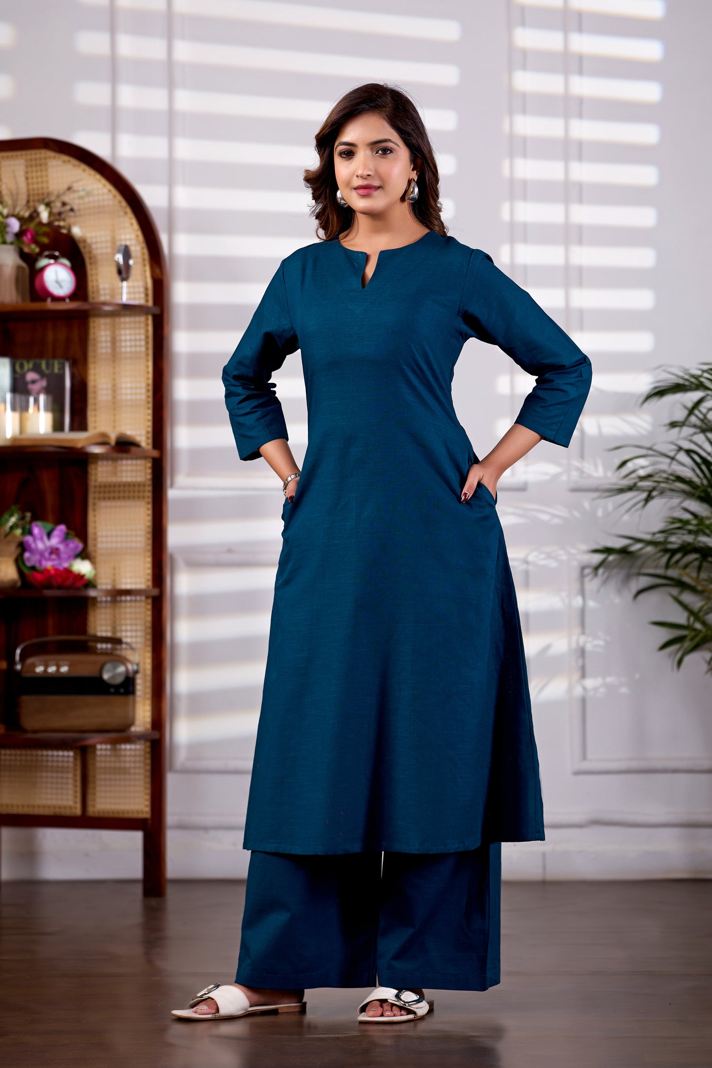 Teal V Neck Linen Kurta with Palazzo