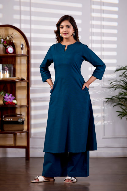 Teal V Neck Linen Kurta with Palazzo