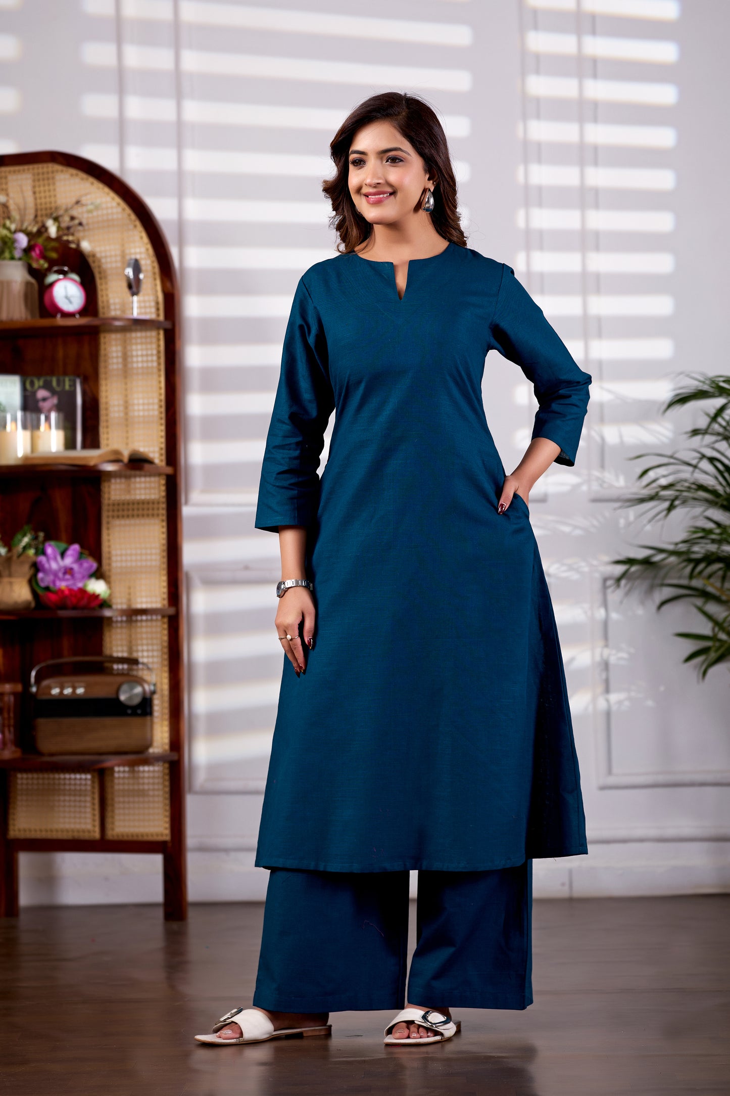 Teal V Neck Linen Kurta with Palazzo