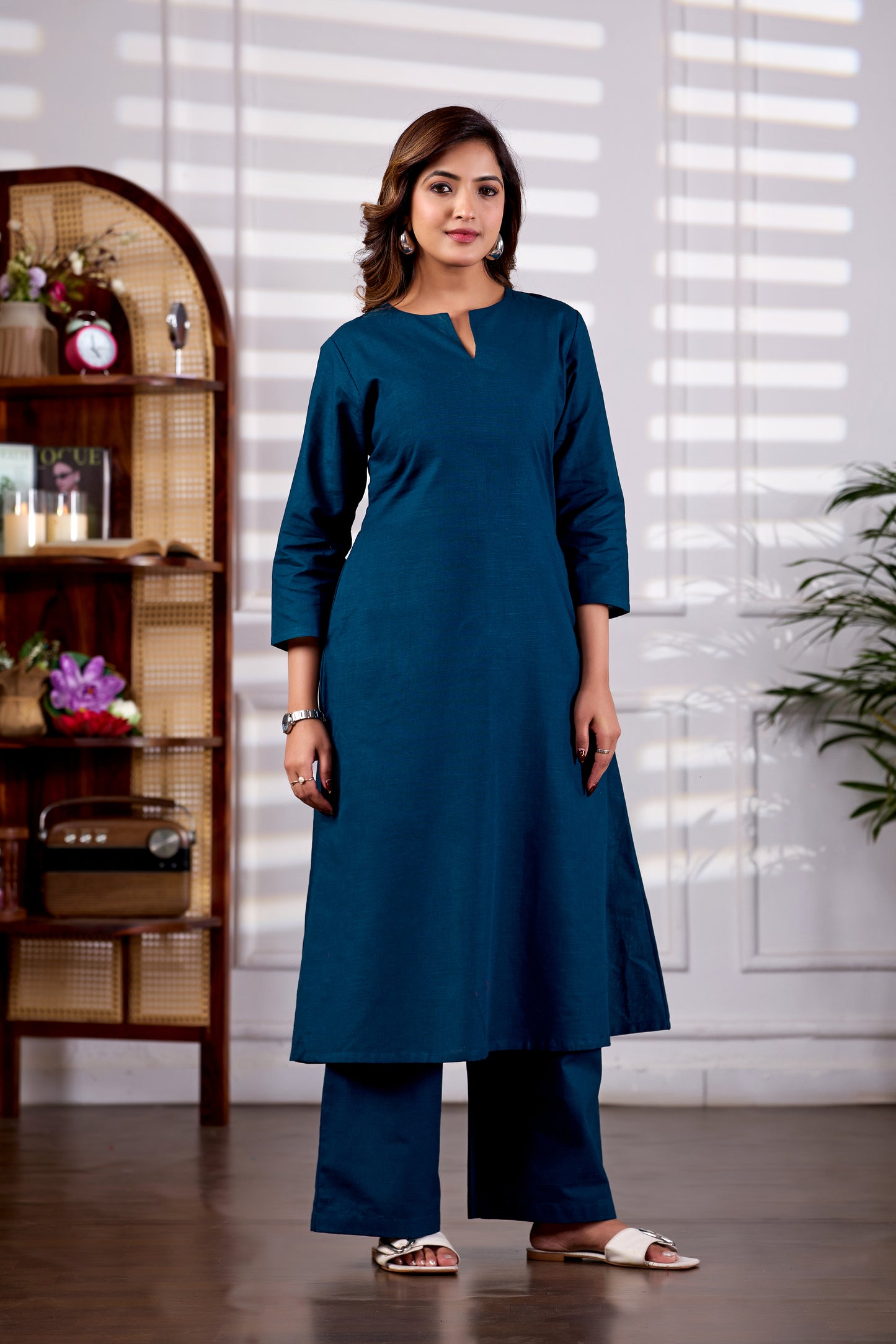 Teal V Neck Linen Kurta with Palazzo