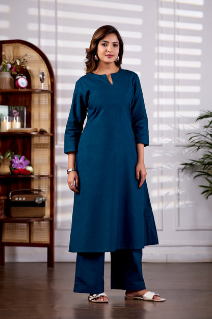 Teal V Neck Linen Kurta with Palazzo
